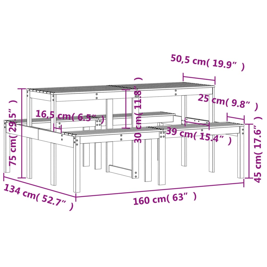 Stol za piknik 160 x 134 x 75 cm od masivne borovine