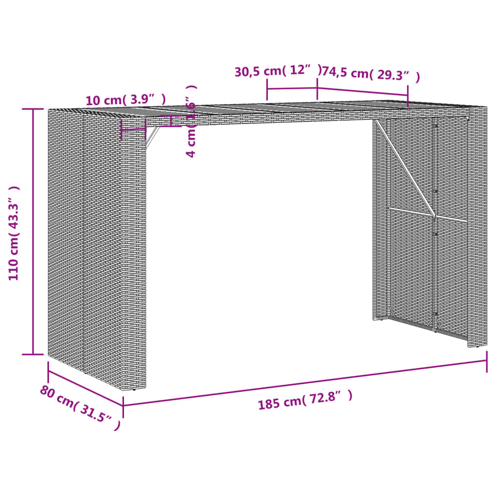 Vrtni barski stol s drvenom pločom sivi 185x80x110 cm poliratan