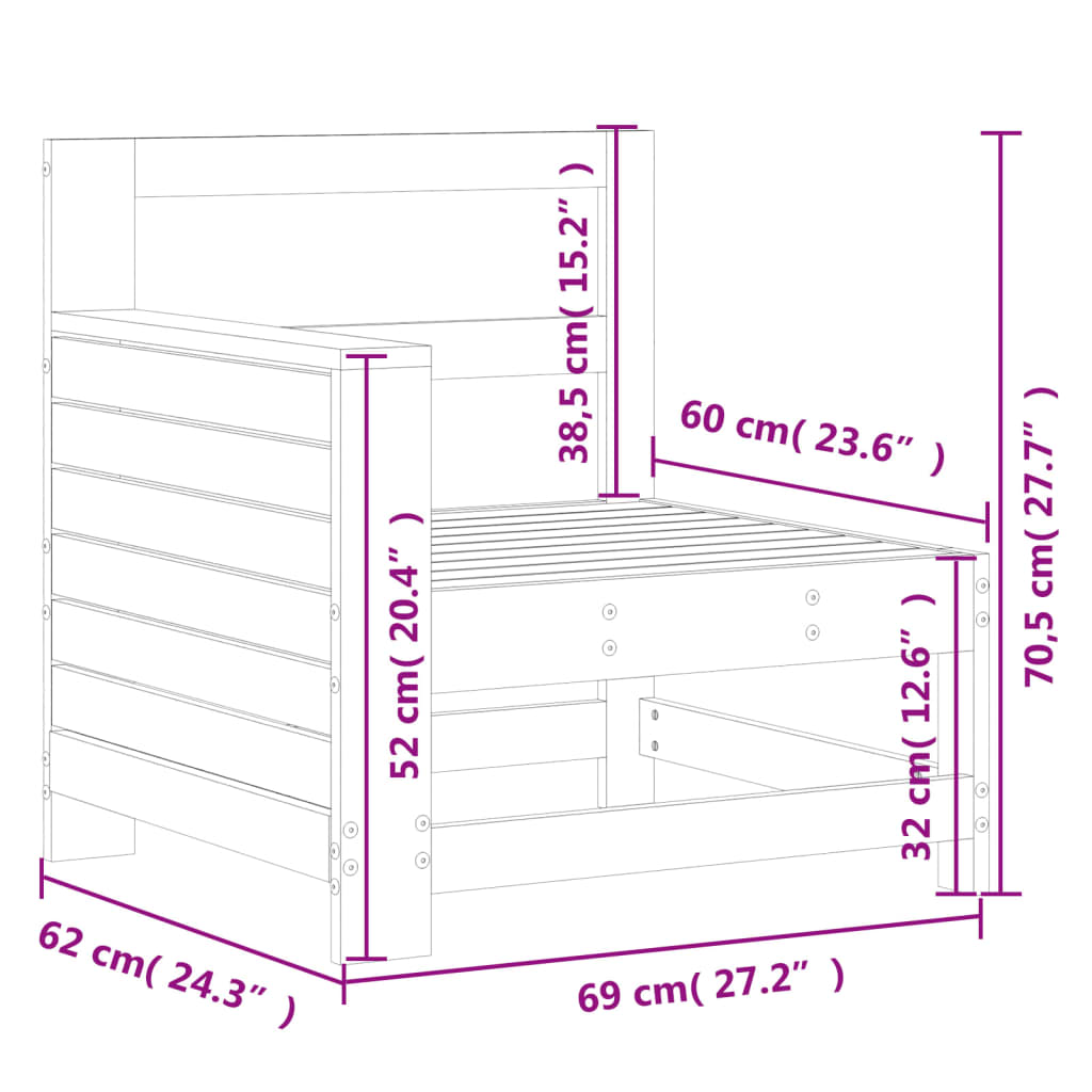 Vrtna sofa s naslonom za ruke 69x62x70,5 cm od masivne borovine