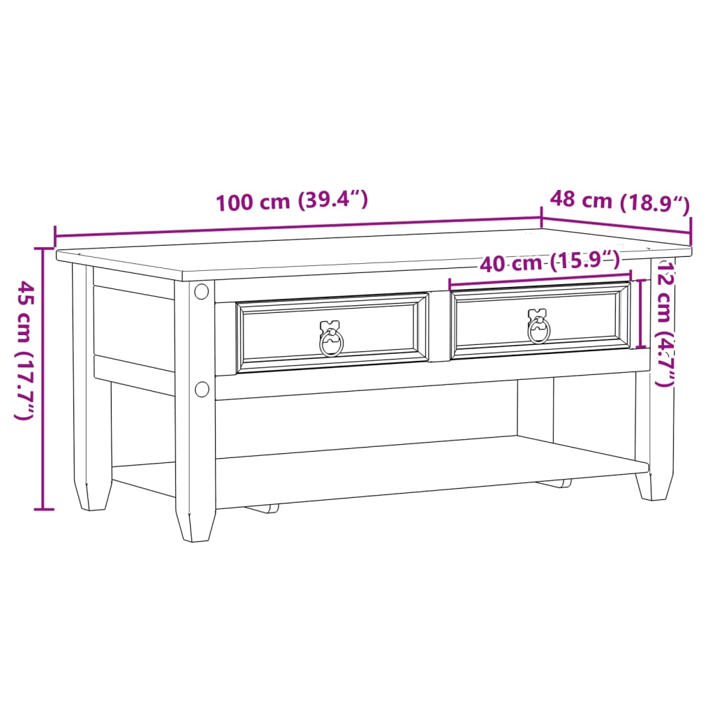 Stolić za kavu s ladicama Corona 100 x 48 x 45 cm od borovine