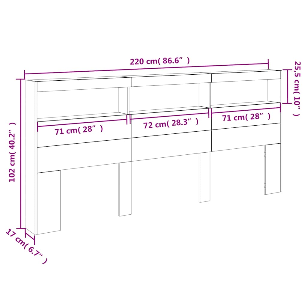 Ormarić za uzglavlje s LED svjetlima crni 220 x 17 x 102 cm