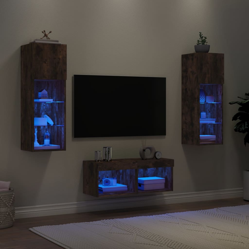 4-dijelni zidni TV ormarići s LED svjetlima boja hrasta