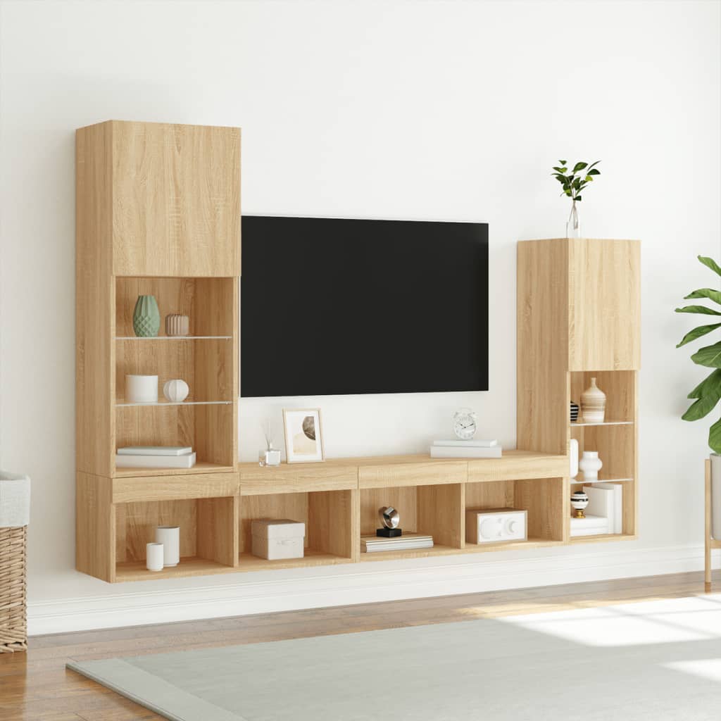 4-dijelni zidni TV elementi s LED svjetlima boja hrasta drveni