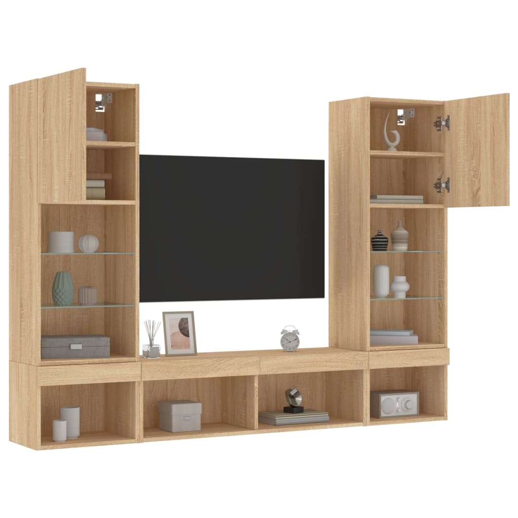 5-dijelni zidni TV elementi s LED svjetlima boja hrasta drveni