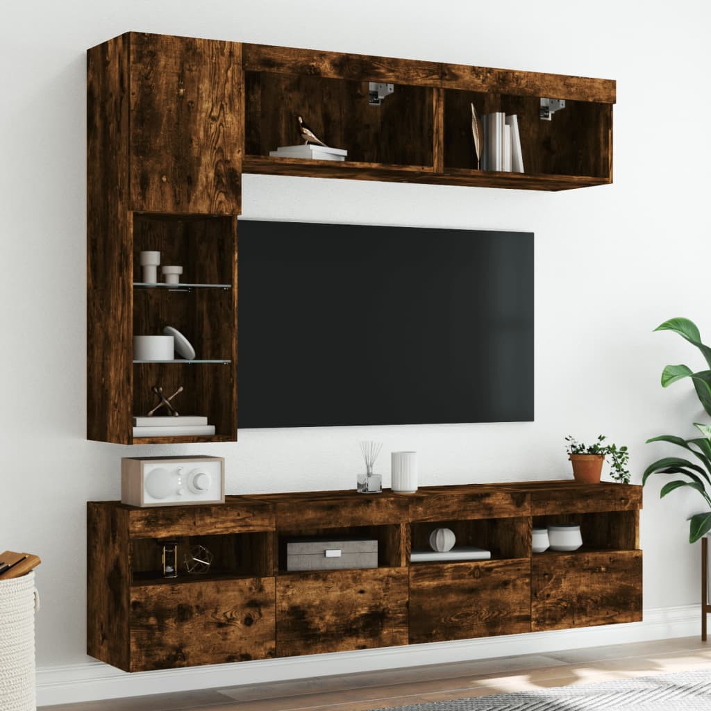 7-dijelni set zidnih TV ormarića LED boja dimljenog hrasta