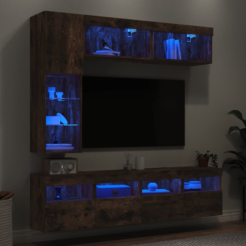 7-dijelni set zidnih TV ormarića LED boja dimljenog hrasta