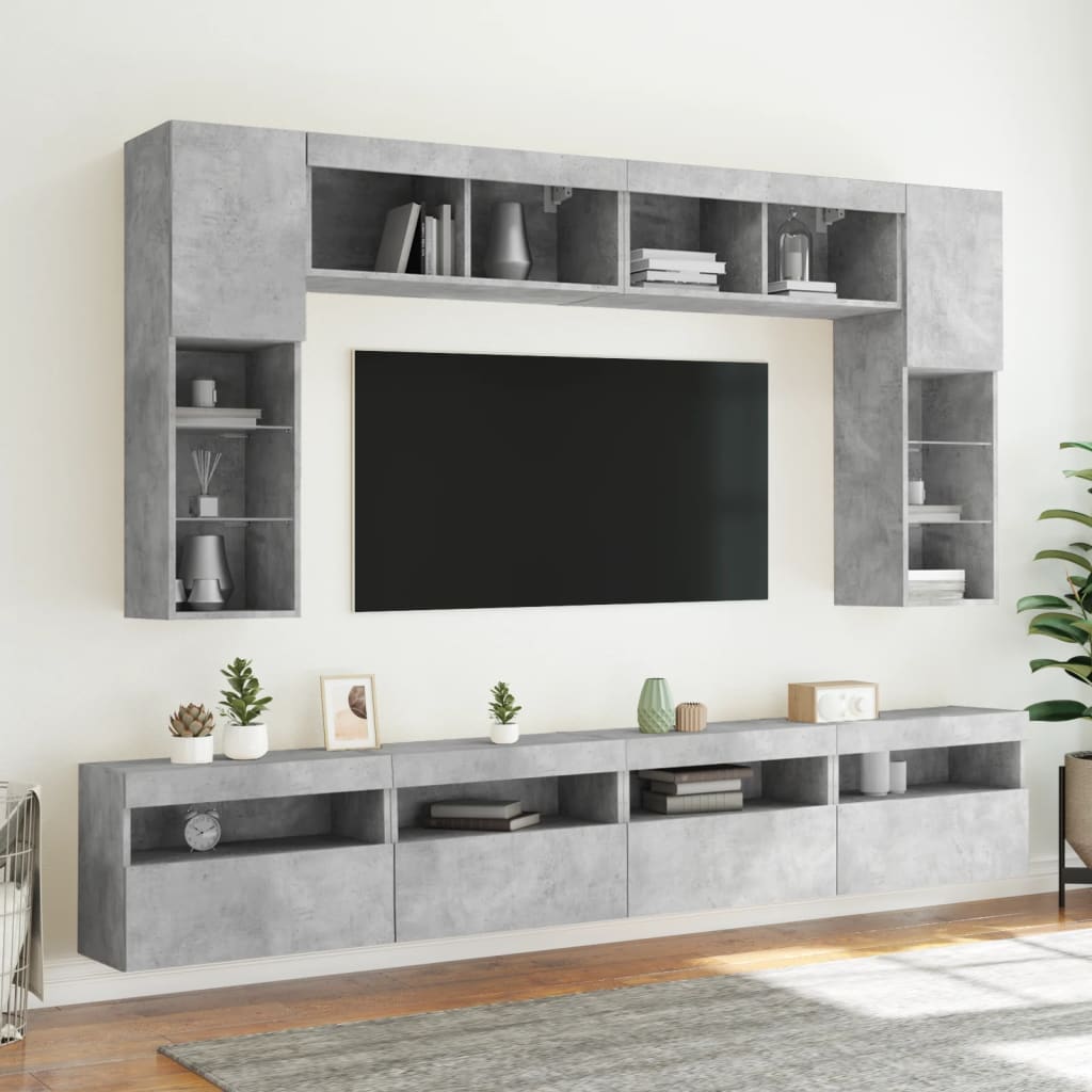 8-dijelni set zidnih TV ormarića s LED svjetlima boja betona
