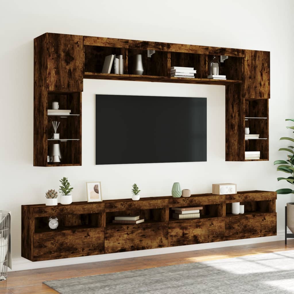 8-dijelni set zidnih TV ormarića LED boja dimljenog hrasta