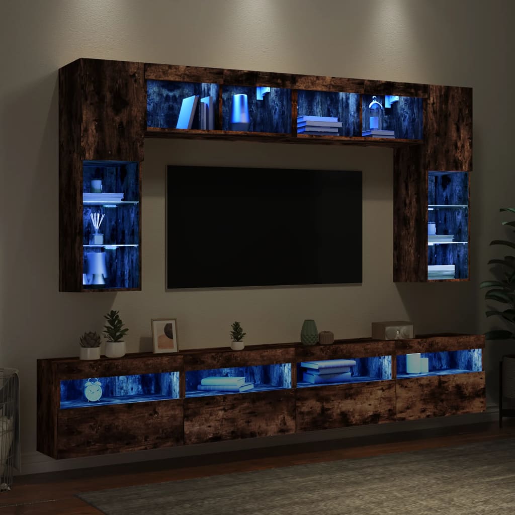 8-dijelni set zidnih TV ormarića LED boja dimljenog hrasta
