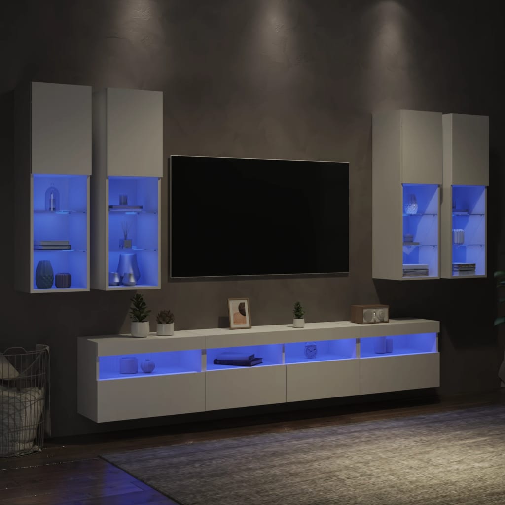 7-dijelni set zidnih TV ormarića s LED svjetlima bijeli