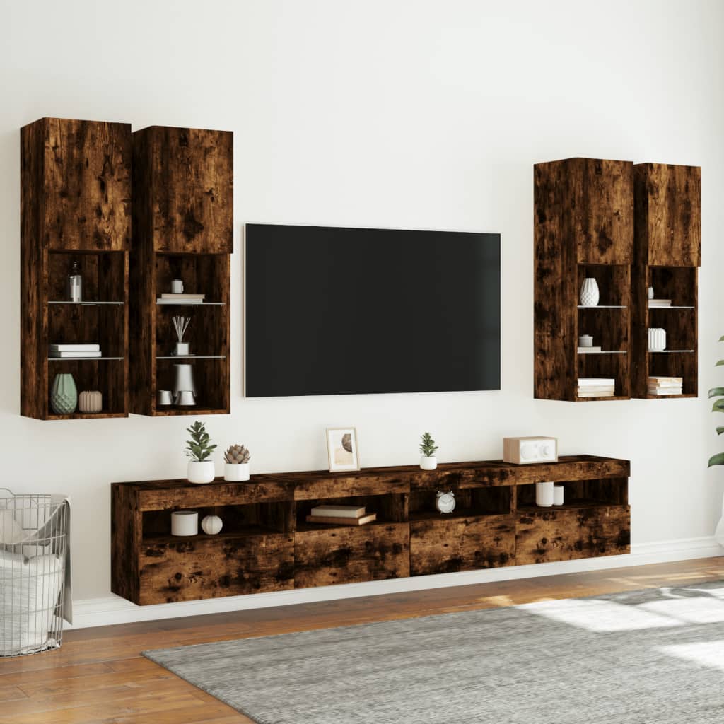 7-dijelni set zidnih TV ormarića LED boja dimljenog hrasta