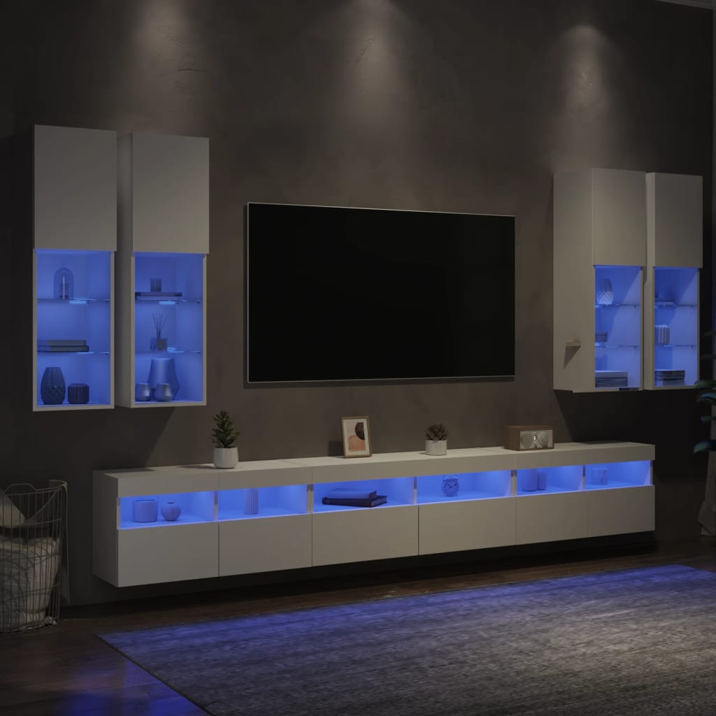 7-dijelni set zidnih TV ormarića s LED svjetlima bijeli