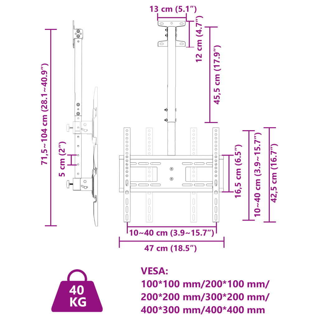 Stropni TV nosač za zaslon od 32-65 inča VESA 400x400 mm 40 kg