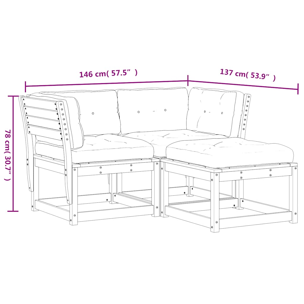 3-dijelni set vrtnih sofa od masivne borovine s jastucima