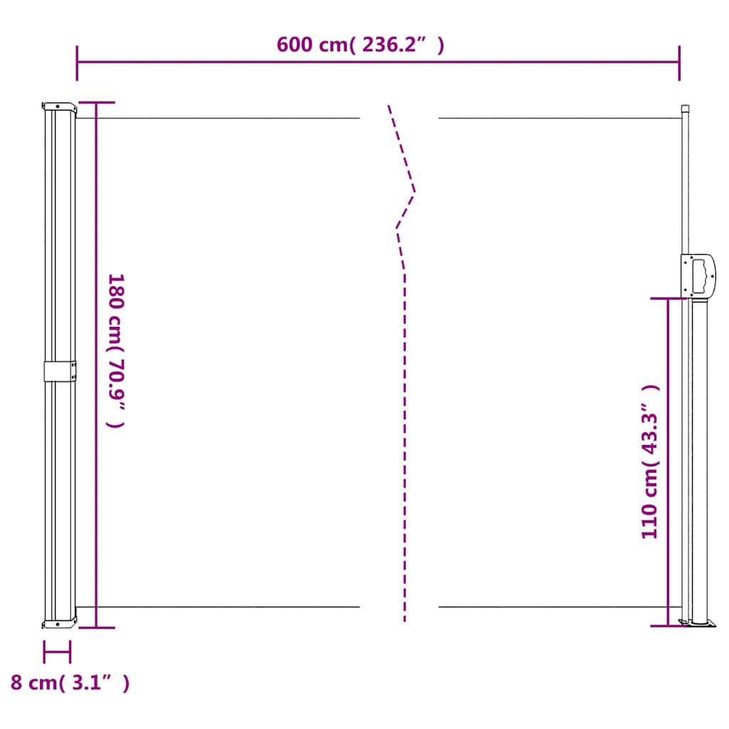 Bočna tenda na uvlačenje bijela 180x600 cm