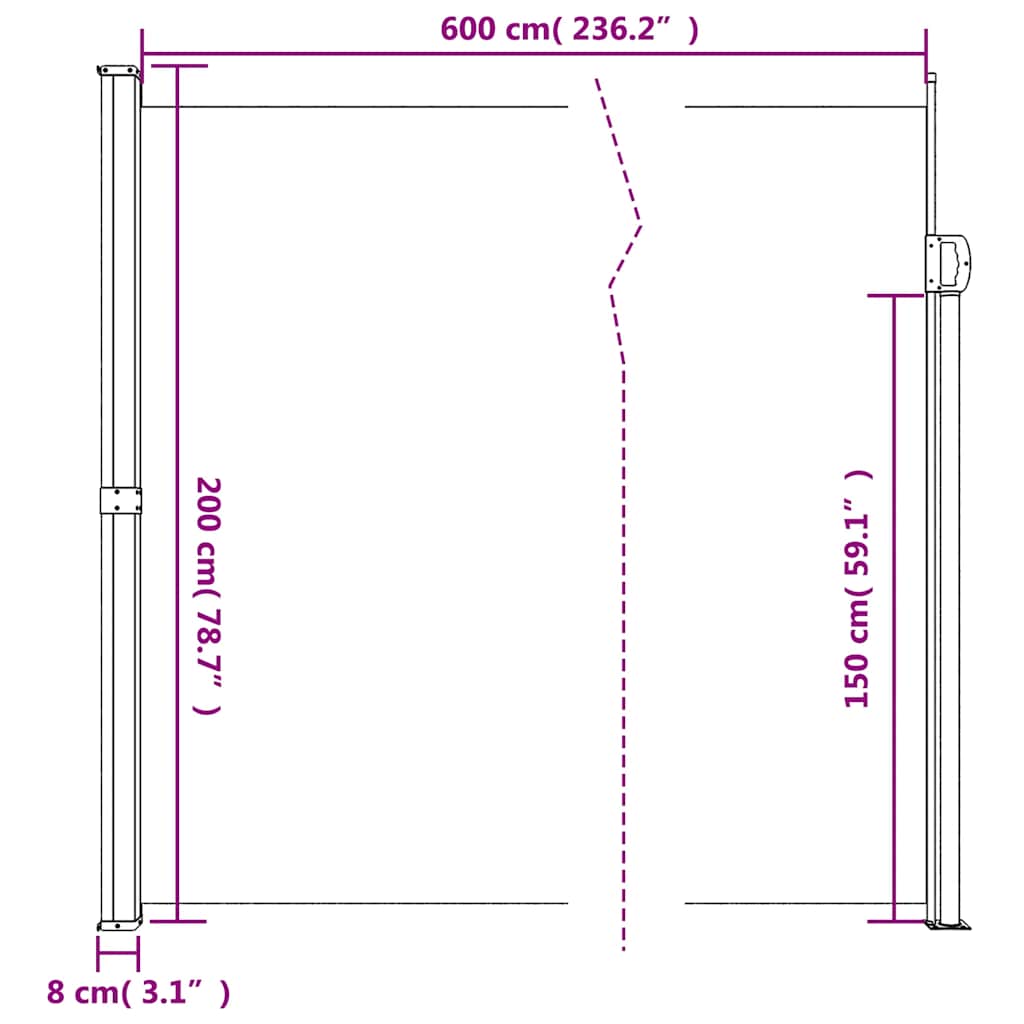 Bočna tenda na uvlačenje antracit 200 x 600 cm