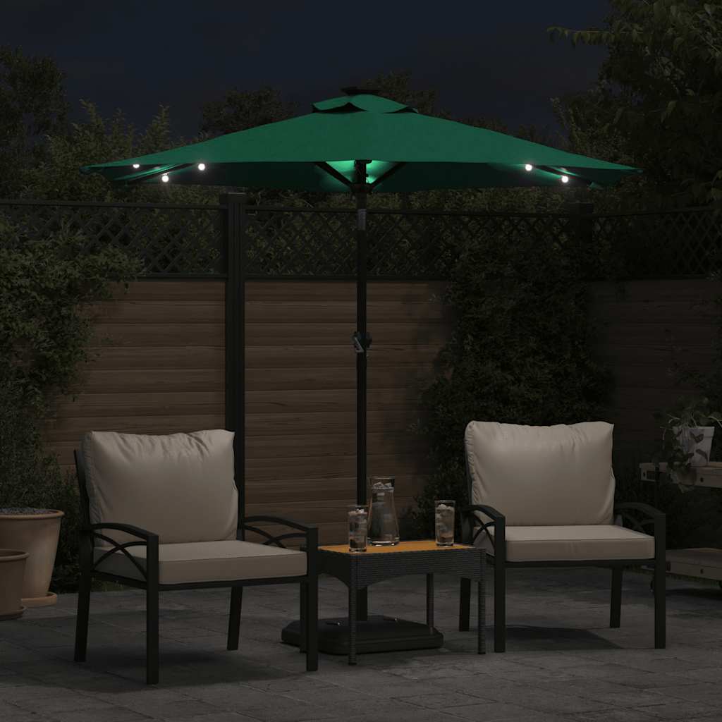 Vrtni suncobran s čeličnom šipkom LED zeleni 225 x 225 x 212 cm