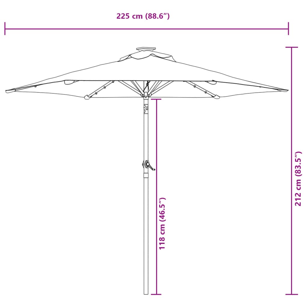 Vrtni suncobran s čeličnom šipkom LED smeđesivi 225x225x212 cm
