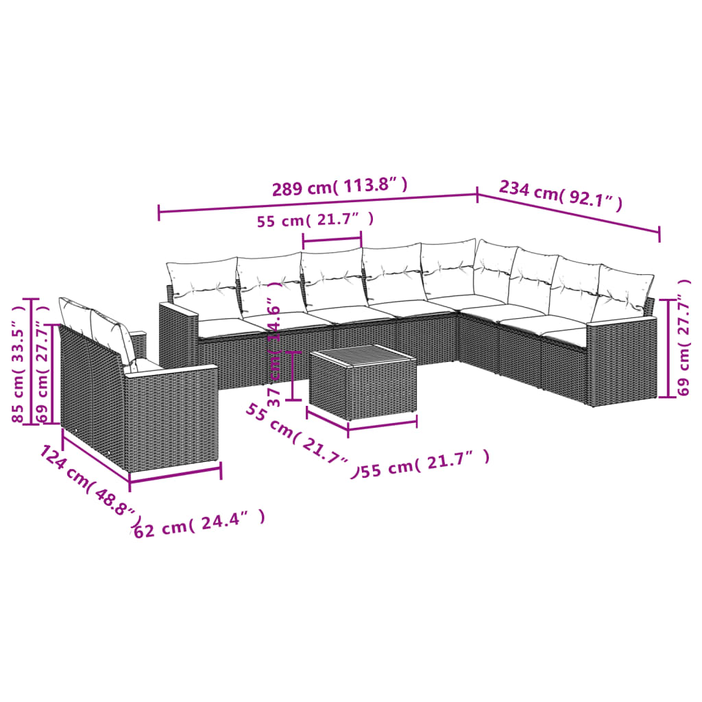11-dijelni set vrtnih sofa od poliratana s jastucima crni