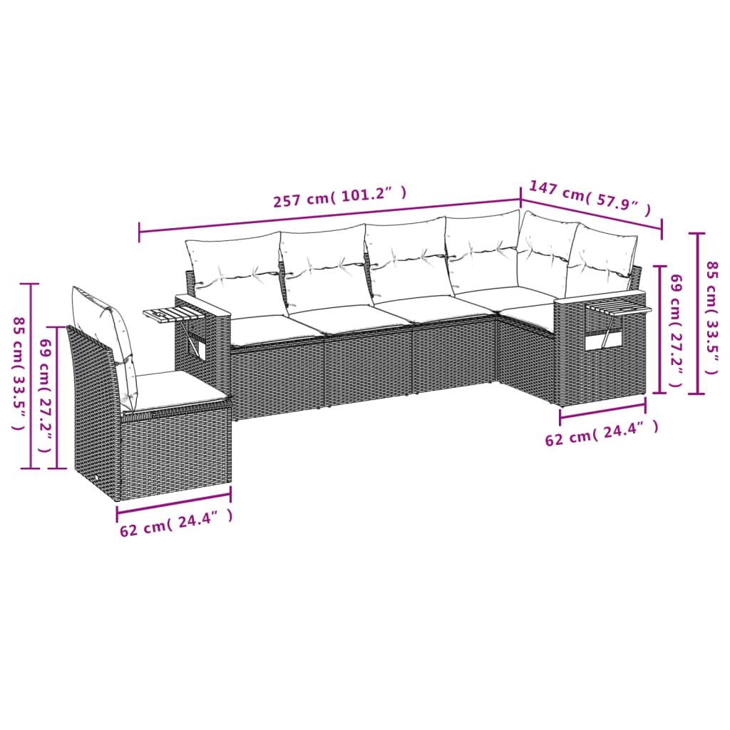 6-dijelni set vrtnih sofa od poliratana s jastucima crni