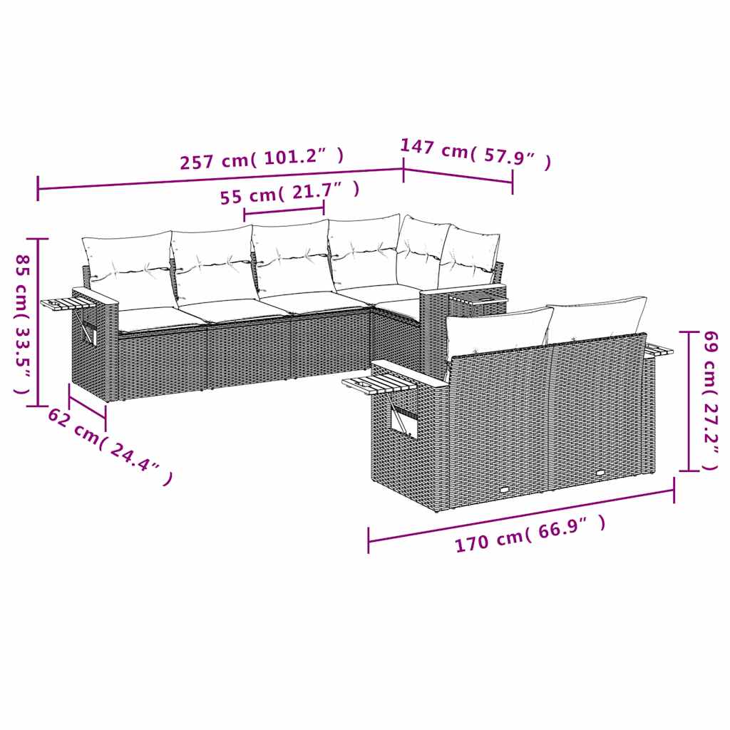 7-dijelni set vrtnih sofa od poliratana s jastucima sivi