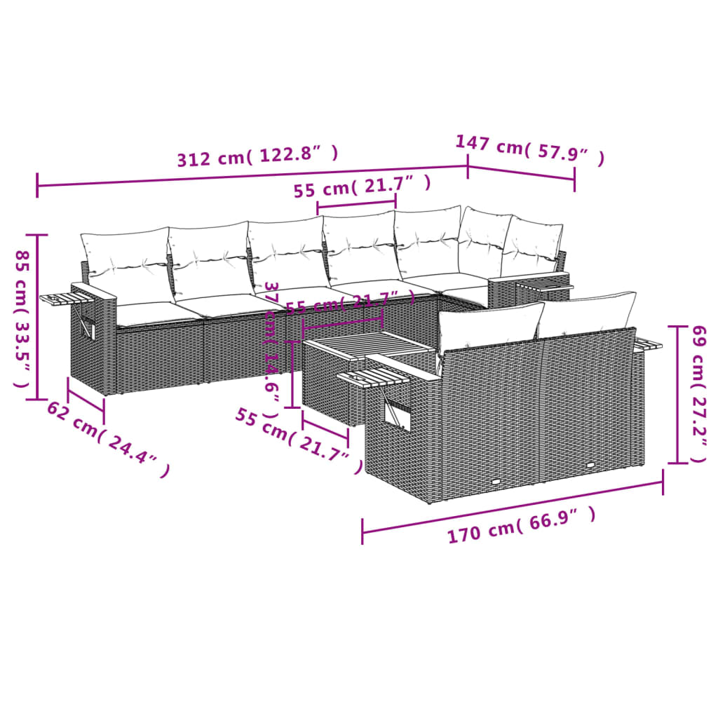 9-dijelni set vrtnih sofa od poliratana s jastucima crni