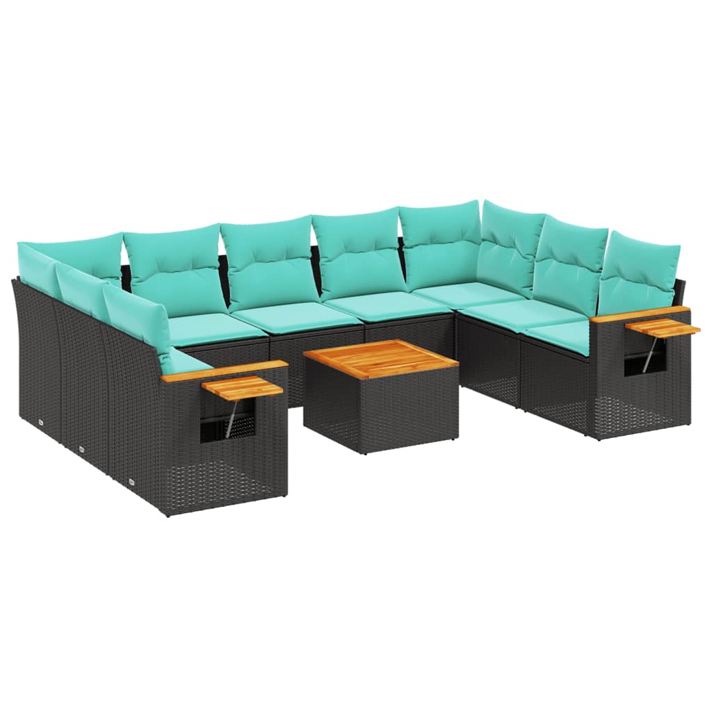 10-dijelni set vrtnih sofa od poliratana s jastucima crni