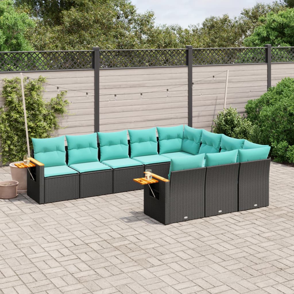 10-dijelni set vrtnih sofa od poliratana s jastucima crni