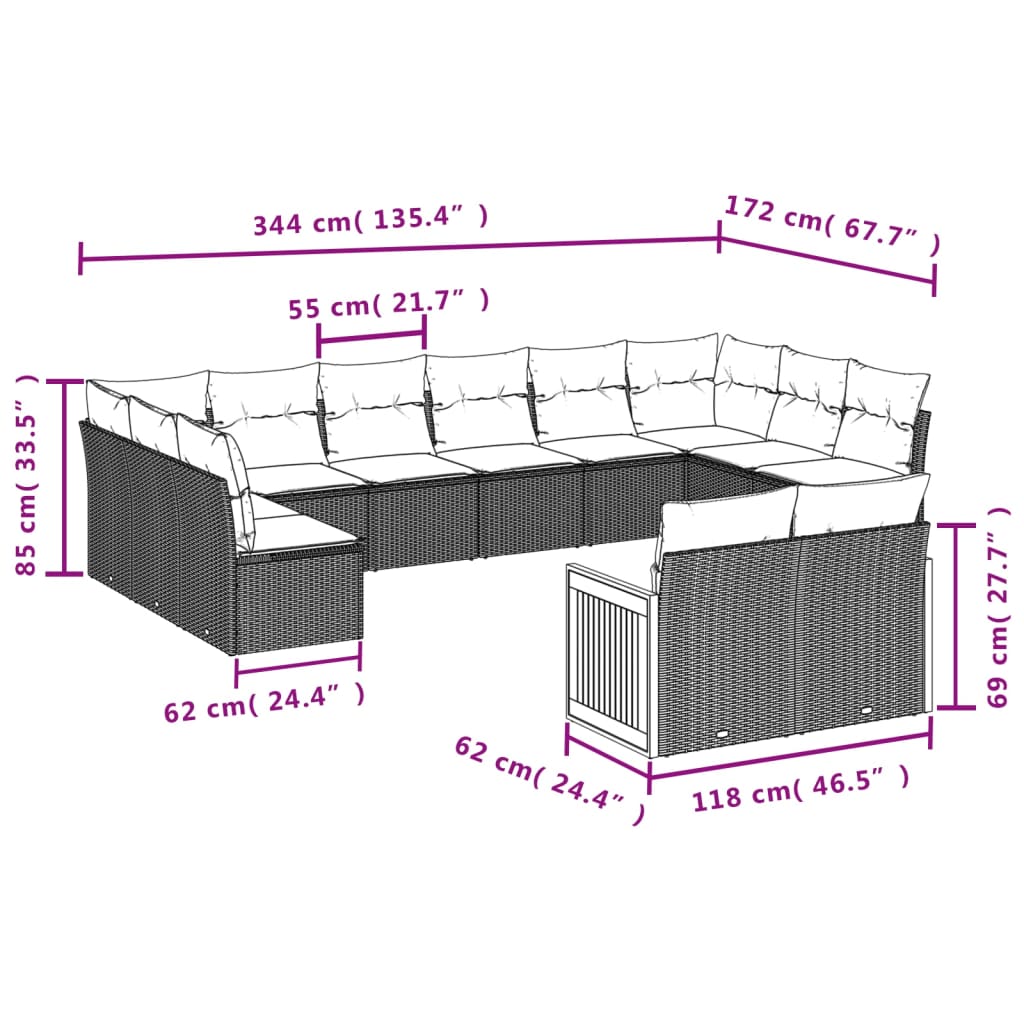 Vrtni set s jastucima, 12 dijelova, sivi poliratan