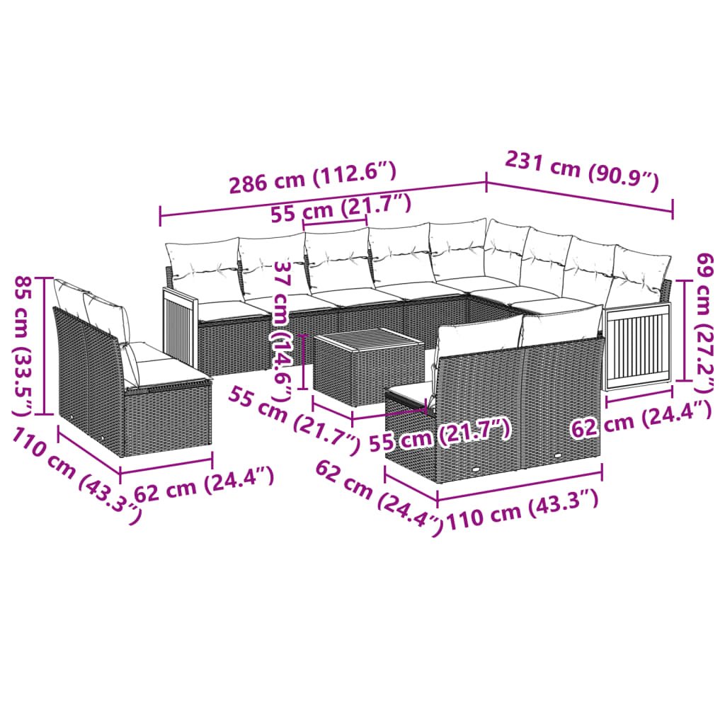 13-dijelni set vrtnih sofa s jastucima poliratan crni