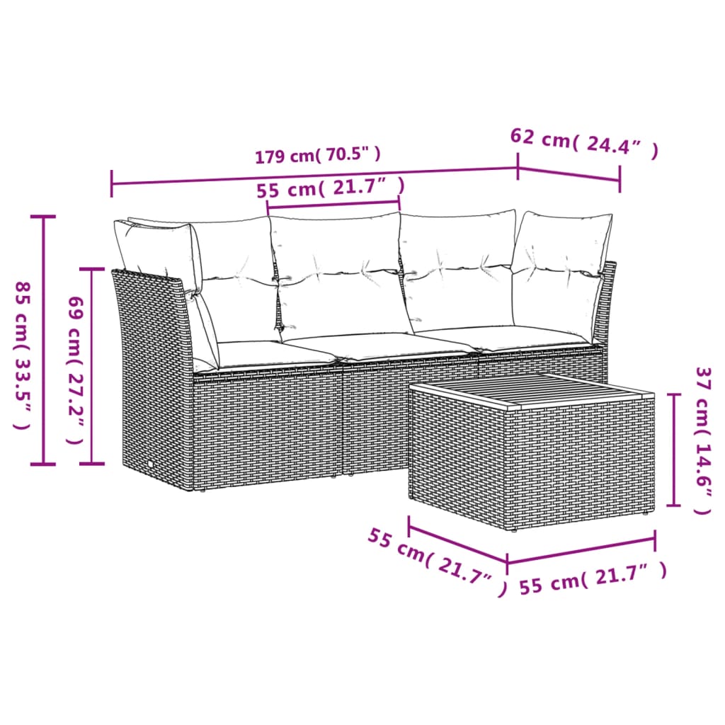 4-dijelni set vrtnih sofa od poliratana s jastucima sivi