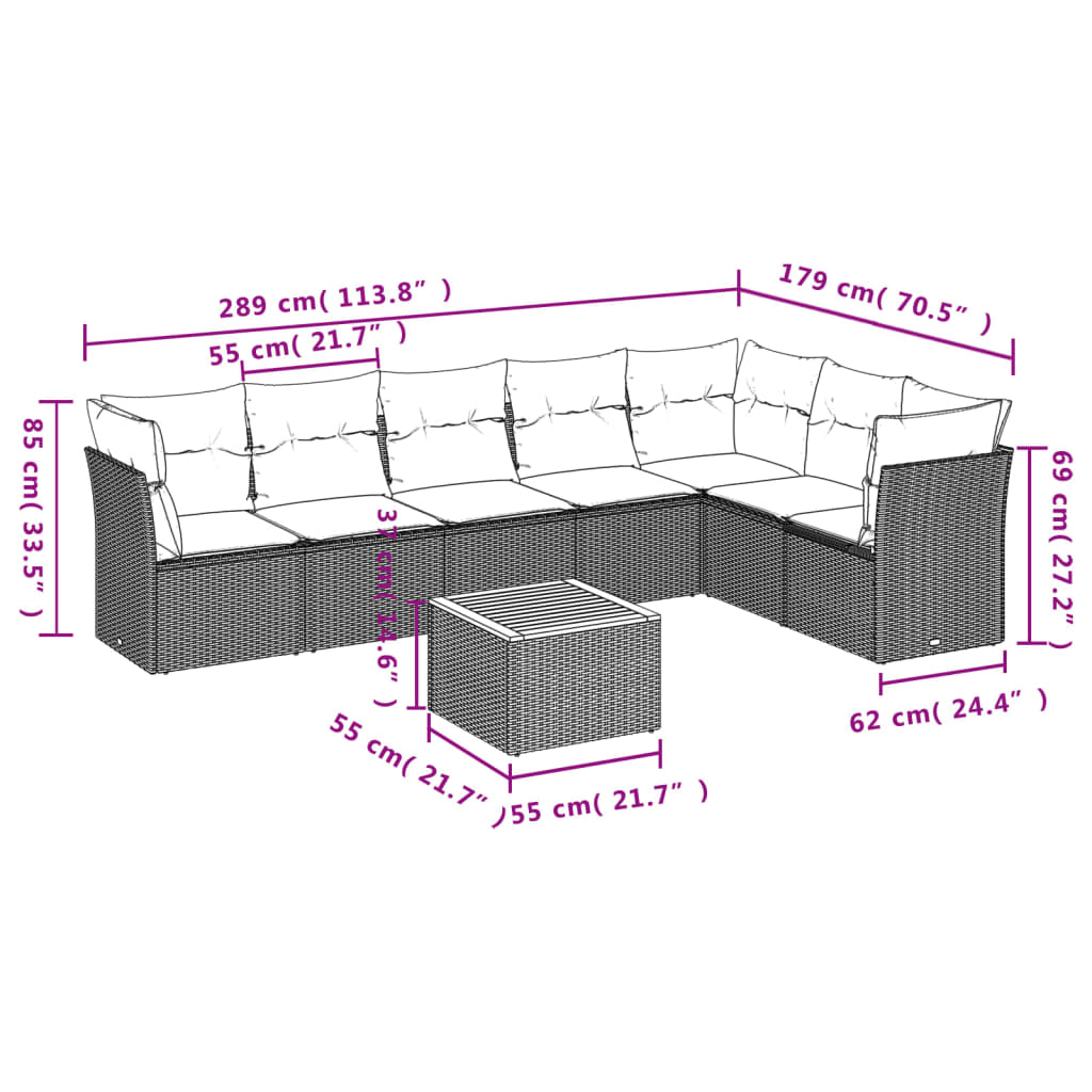 8-dijelni set vrtnih sofa od poliratana s jastucima sivi