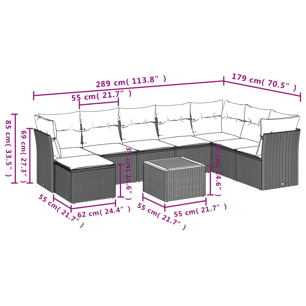 9-dijelni set vrtnih sofa od poliratana s jastucima sivi