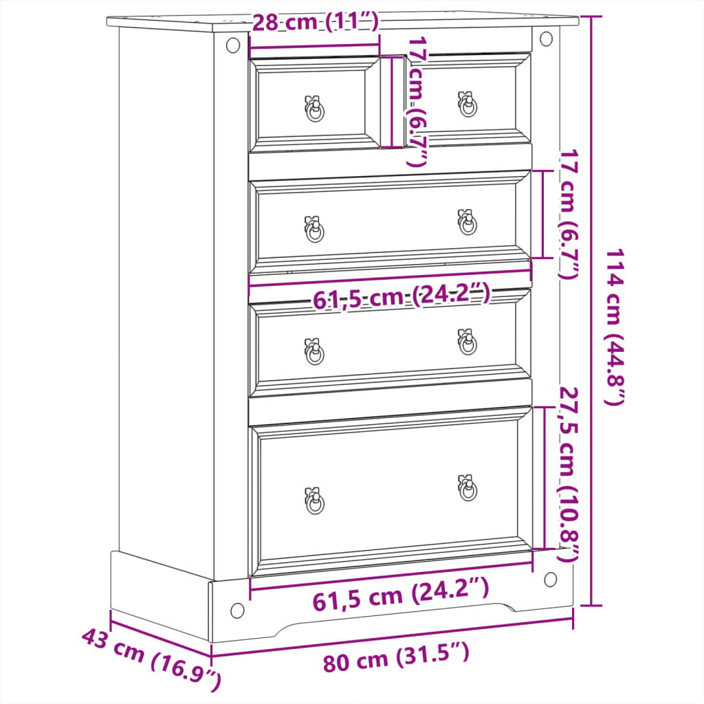 Ladičar Corona 80 x 43 x 114 cm od masivne borovine