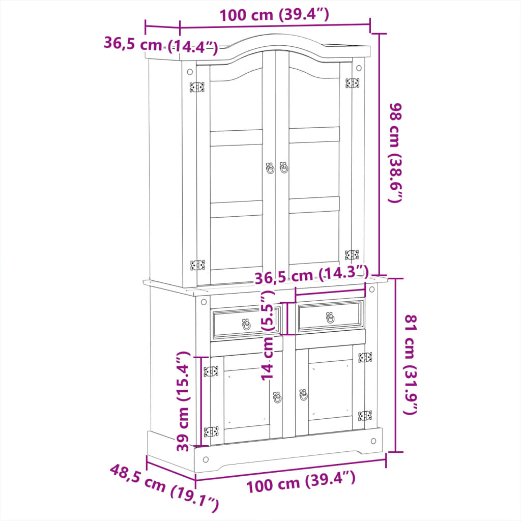 Vitrina sa staklom Corona 100 x 48,5 x 179 cm masivna borovina