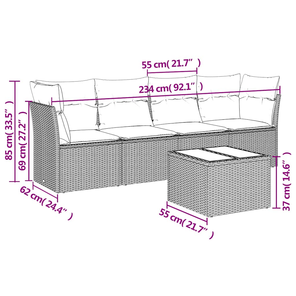 5-dijelna vrtna garnitura s jastucima svijetlosiva poliratan