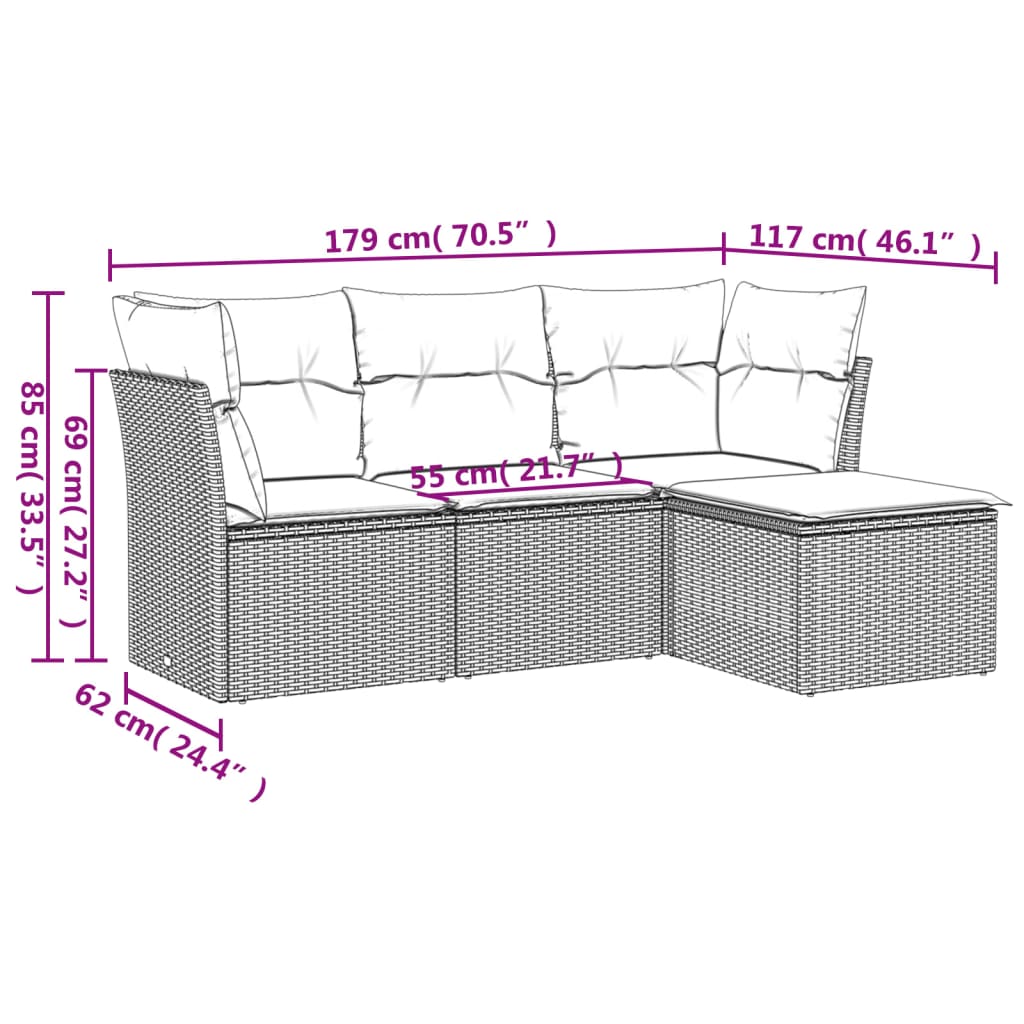 4-dijelni set vrtnih sofa od poliratana s jastucima sivi
