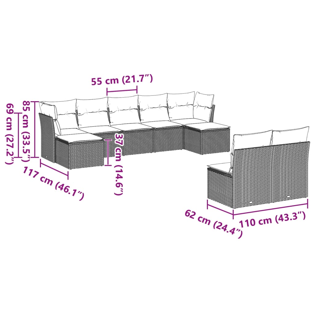 9-dijelni set vrtnih sofa od poliratana s jastucima svjetlosivi
