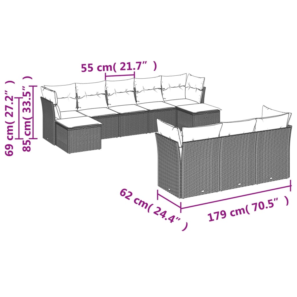 10-dijelni set vrtnih sofa s jastucima crni od poliratana