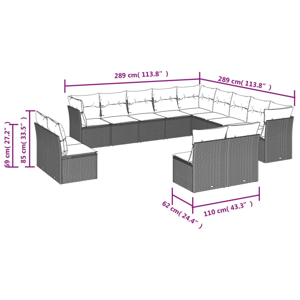13-dijelni set vrtnih sofa s jastucima poliratan crni