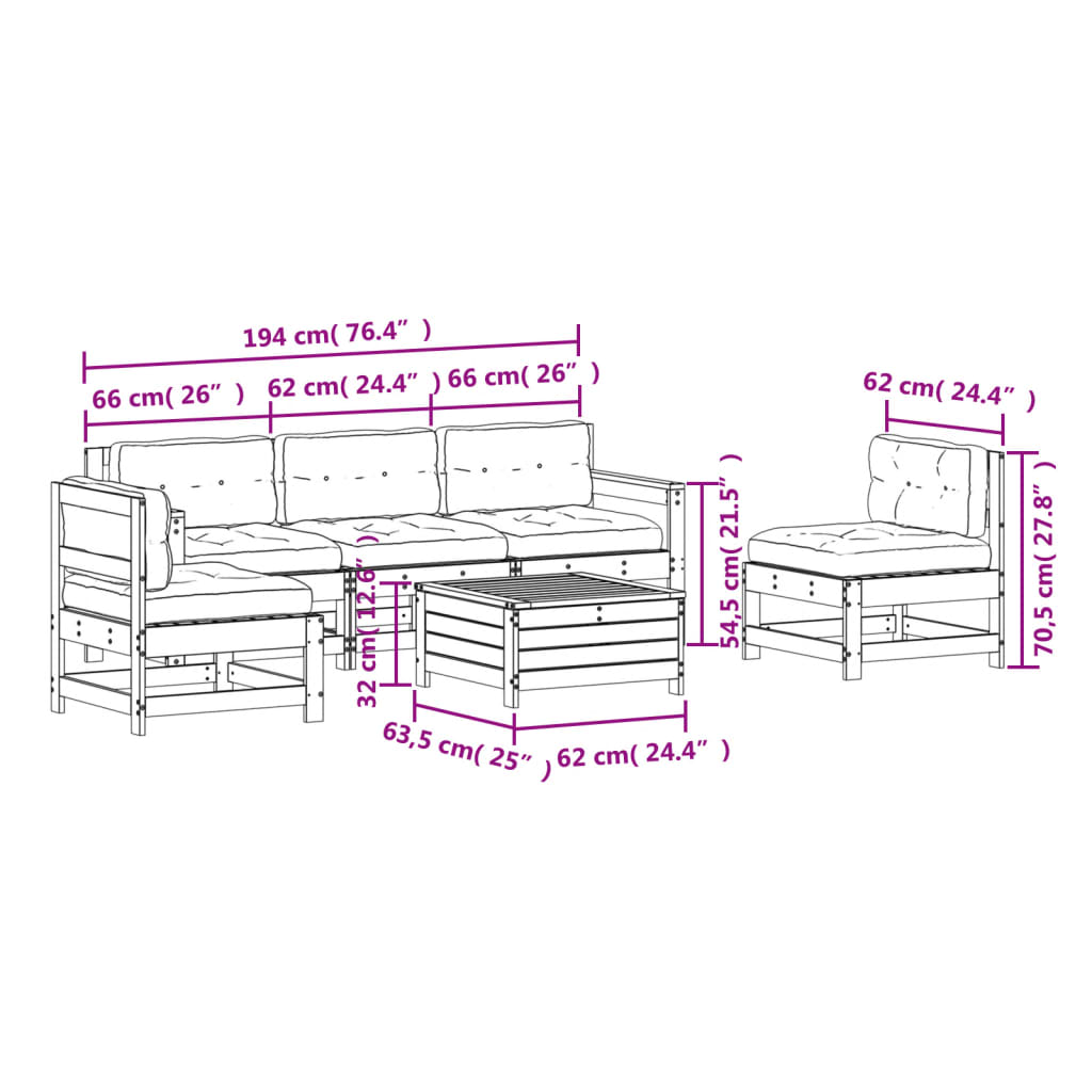 6-dijelna vrtna garnitura od masivne borovine s jastucima