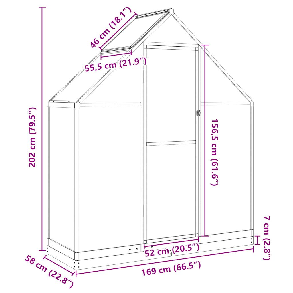 Staklenik s okvirom srebrni 169 x 58 x 202 cm aluminijski