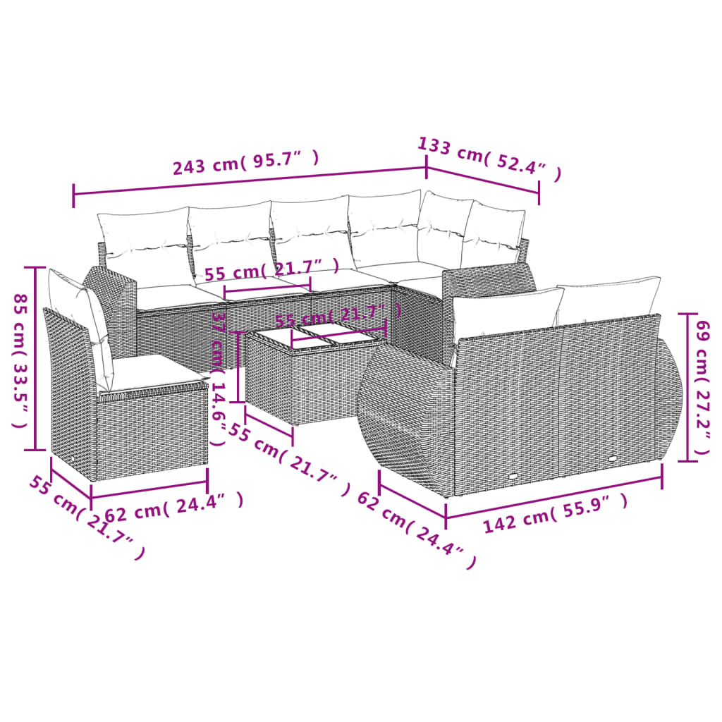 9-dijelni set vrtnih sofa s jastucima bež od poliratana