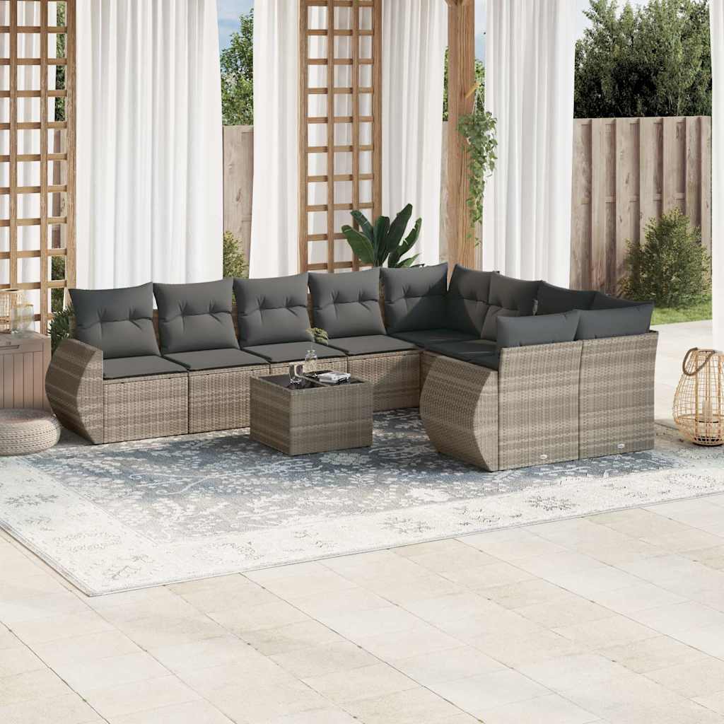 10-dijelni set vrtnih sofa poliratan s jastucima svijetlosivi
