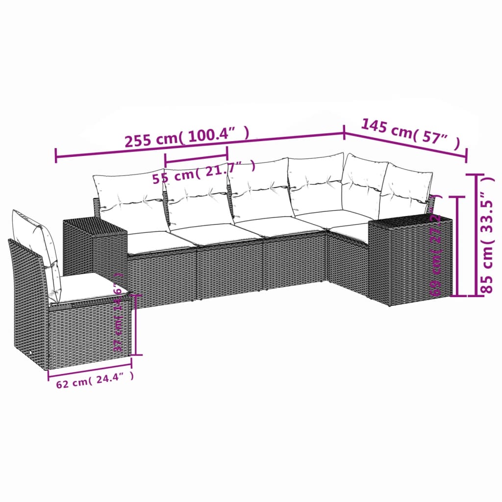 6-dijelni set vrtnih sofa s jastucima crni od poliratana