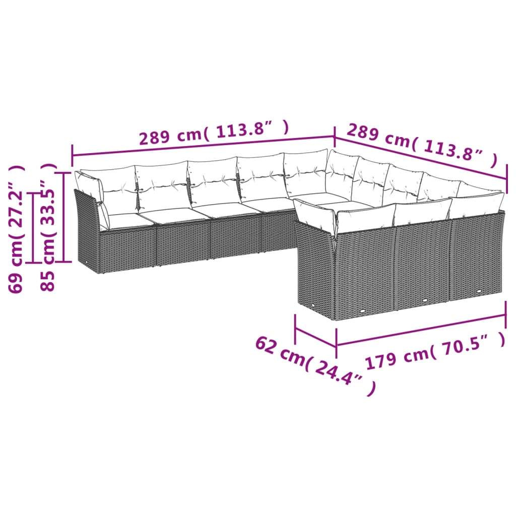 11-dijelni set vrtnih sofa od poliratana s jastucima crni