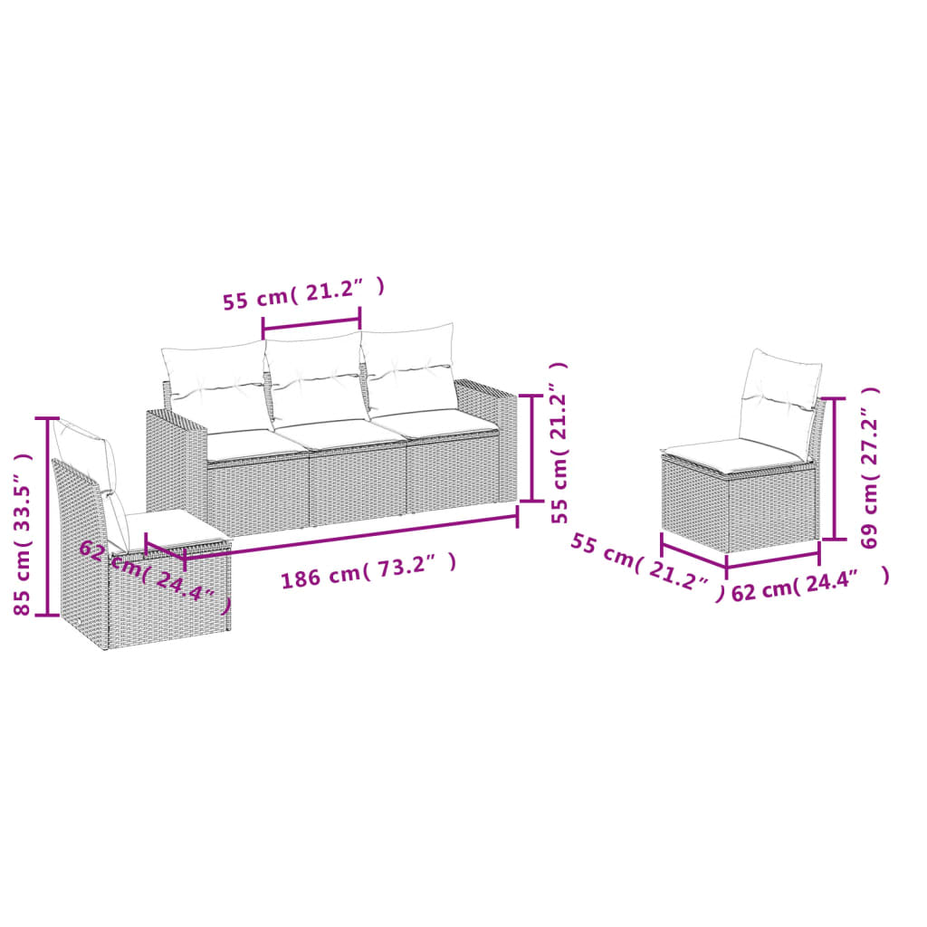 5-dijelni set vrtnih sofa s jastucima poliratan smeđi
