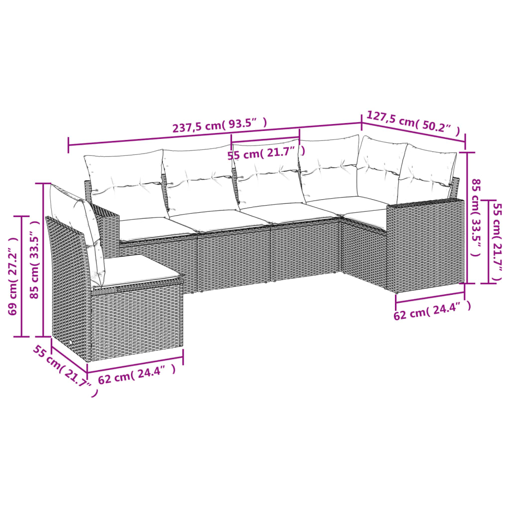 6-dijelni set vrtnih sofa od poliratana s jastucima sivi