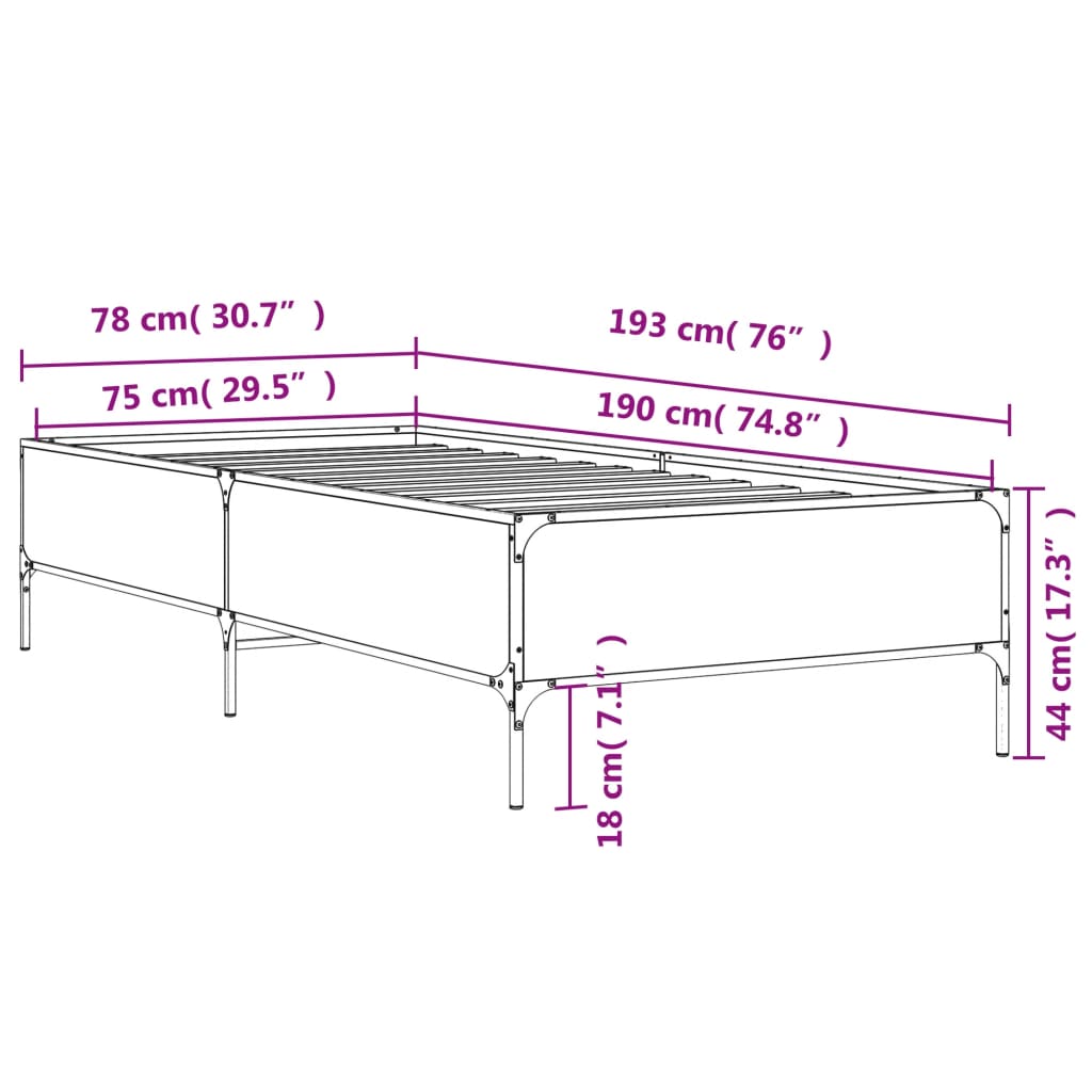 Okvir za krevet boja hrasta 75x190 cm konstruirano drvo i metal