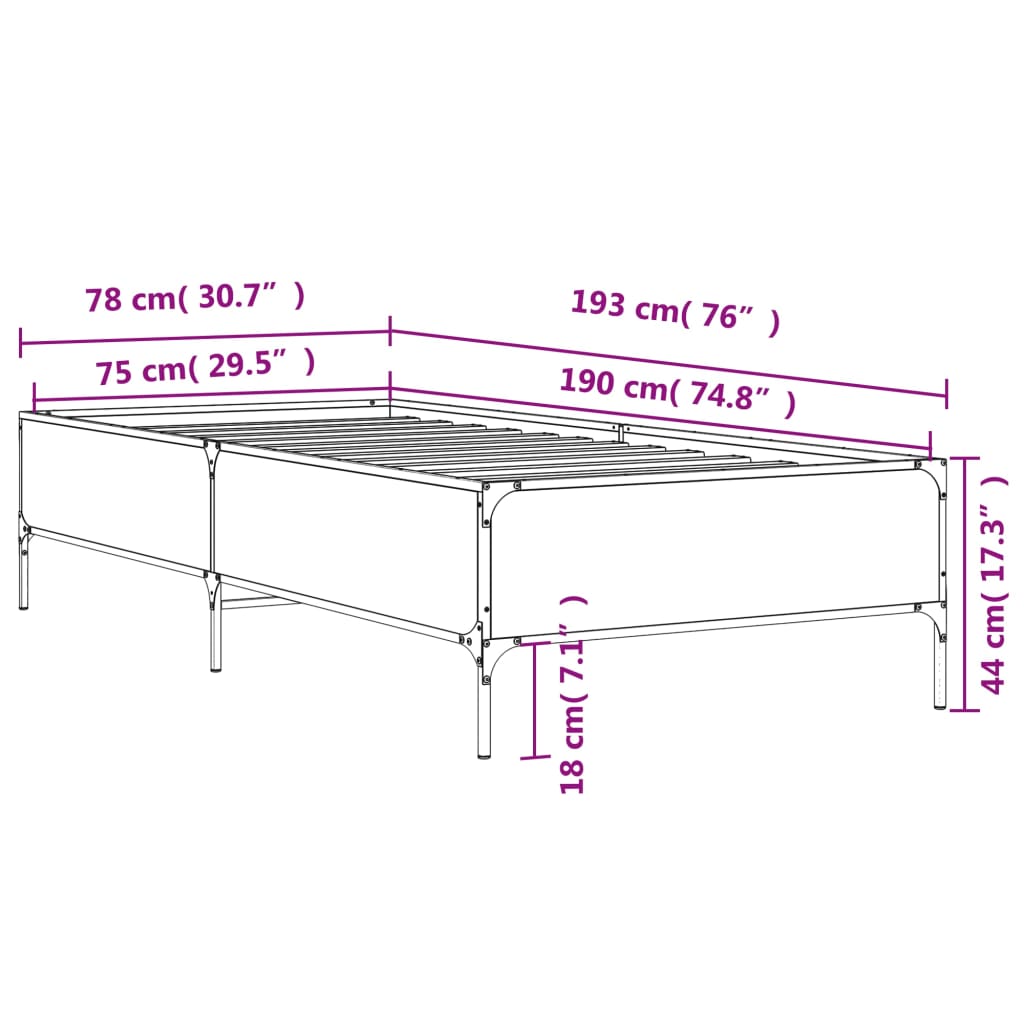 Okvir za krevet boja hrasta 75x190 cm konstruirano drvo i metal